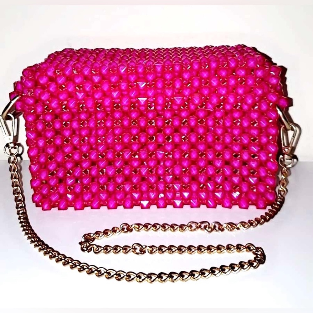 Handmade Woven Beads Crossbody / HandBag with Gold Chain Strap NEW